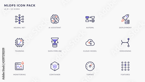 Indigo AI assistant and MLOps line icons – Suitable for database monitoring platforms, data engineering blogs, or tech tutorials.