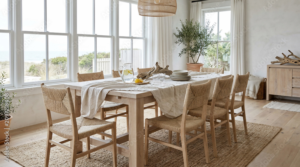 Fototapeta premium Bright and inviting coastal dining room with a long wooden table, woven chairs, and natural decor, offering a serene ocean view through large windows