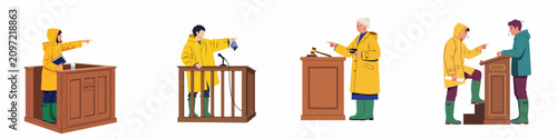 Foto Illustrative set of diverse characters in yellow raincoats testifying and presenting evidence in a courtroom setting, symbolizing legal proceedings or maritime law