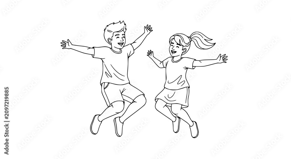 Fototapeta premium Happy Kids Jumping and Cheering, Outline Drawing, Celebration, Joyful Childhood