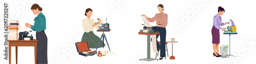 Konstfotografi Set of vintage illustrations featuring professional women operating antique stenotype machines for court reporting and transcription on a white background