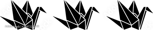 Origami crane icon set in a flat black silhouette style. Geometric bird symbols representing peace and traditional Japanese paper folding art.