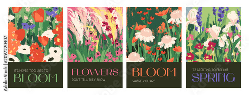 Modern floral posters, botanical wall art set. Field and meadow flower blooms, blossoms, wildflowers paintings. Spring and summer nature prints, crayon drawings. Hand-drawn flat vector illustrations