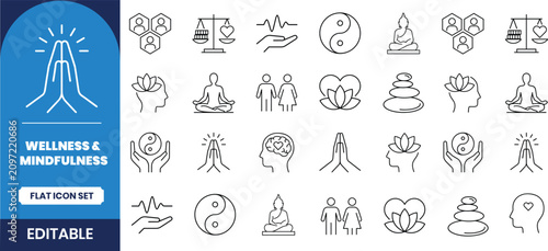 Foto Wellness and mindfulness icon set editable line art for mental health resources