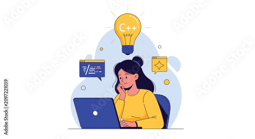 Obraz na płótnie Female software developer working on laptop with C plus plus lightbulb symbol representing coding solution.
