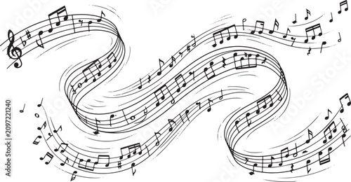 Cuadro en lienzo Abstract music notes staff with flowing melodic lines for musical background des