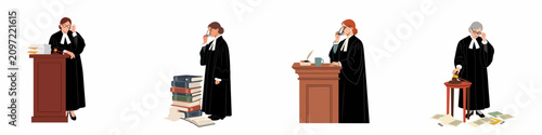 Fotografie Set of diverse female judges in judicial robes performing various duties, including presiding over court, researching law, and delivering verdicts with a gavel