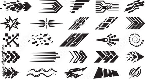 Set of abstract speed shapes and dynamic motion graphic elements for racing car decals