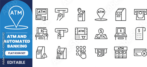 Atm and banking icon set editable line art for financial services
