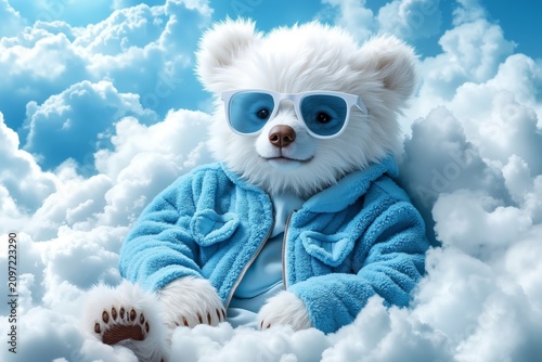 A teddy bear wearing sunglasses sitting in the clouds