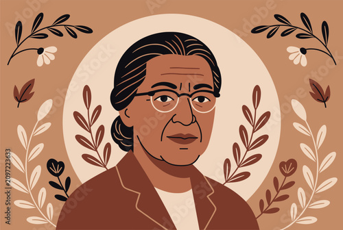 Portrait illustration of an African American woman with glasses, surrounded by leaves and white flowers in warm colors.