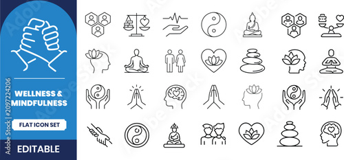 Wellness and mindfulness icon set yoga meditation and mental health graphics
