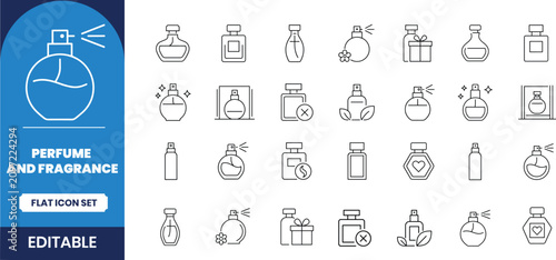 Perfume and fragrance icon set linear style for cosmetic and beauty designs