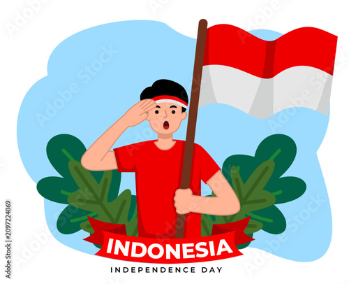 Young Indonesian flag raising red white celebrating Indonesia Independence Day 17th August flat cartoon