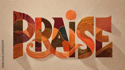 Serene typographic arrangement of praise words on an earthy textured backdrop