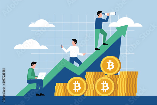 Team of young business professionals climbing a rising green financial growth arrow next to stacked gold Bitcoins.