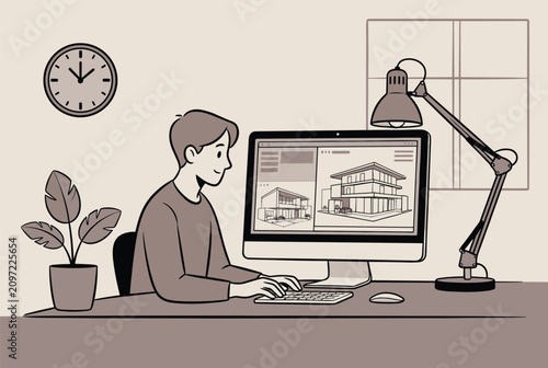 Professional young architect designing a modern house on a computer at his cozy workspace with desk lamp.