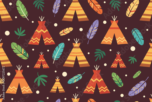Seamless pattern featuring colorful native american teepees, decorative feathers, and leaves on dark background.