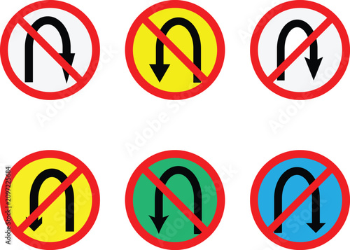  No U Turn Traffic Control Sign Editable Vector Icon set