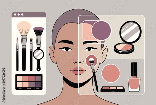 Young woman testing cosmetic products with an overlay of makeup brushes, eyeshadow palette, and nail polish.