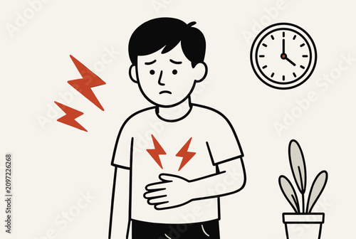 Young man holding his stomach with a sad expression, showing signs of heartburn, indigestion, or stomach ache.