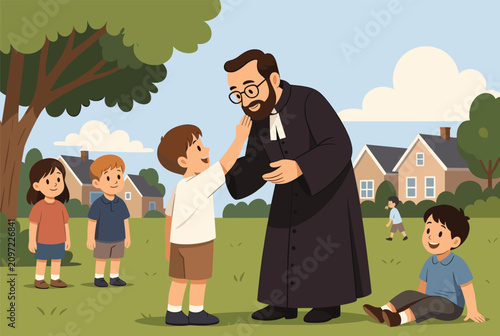 Friendly priest interacting with happy children in a park with houses in the background, promoting community and faith.