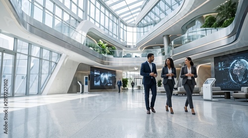 Three diverse business professionals walking and discussing work in modern futuristic corporate lobby atrium architecture