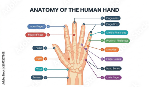 Foto Human Hand Parts Educational Vector Diagram with Palm Fingers Phalanges and Anat