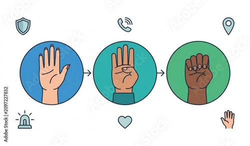 Universal Help Hand Signal Vector Infographic with SOS Emergency Gesture and Distress Awareness Steps.