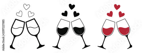 Foto Wine glass icons featuring clinking glasses with heart symbols in clean minimalist vector graphics for romance, celebrations, weddings, anniversaries, dining, and special occasion designs