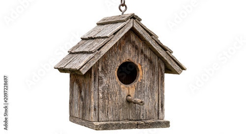 Obraz na płótnie Rustic wooden birdhouse with shingled roof hanging on a chain