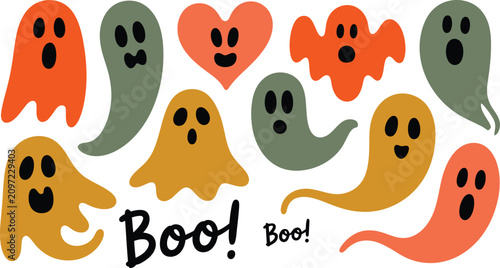 Collection of colorful cute ghost stickers for halloween decorations featuring various expressions and spooky fun characters for festive designs