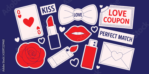 Romantic valentine day sticker set with hearts and love symbols including lipstick and roses for scrapbooking and creative paper craft projects
