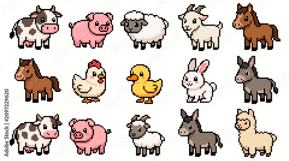 Fototapeta premium Cute Pixel Art Farm Animal Collection Retro 8 Bit Game Sprite Sheet