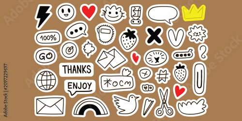 Collection of cute hand-drawn doodle stickers on a brown background, including hearts, speech bubbles, office supplies, and various fun symbols.