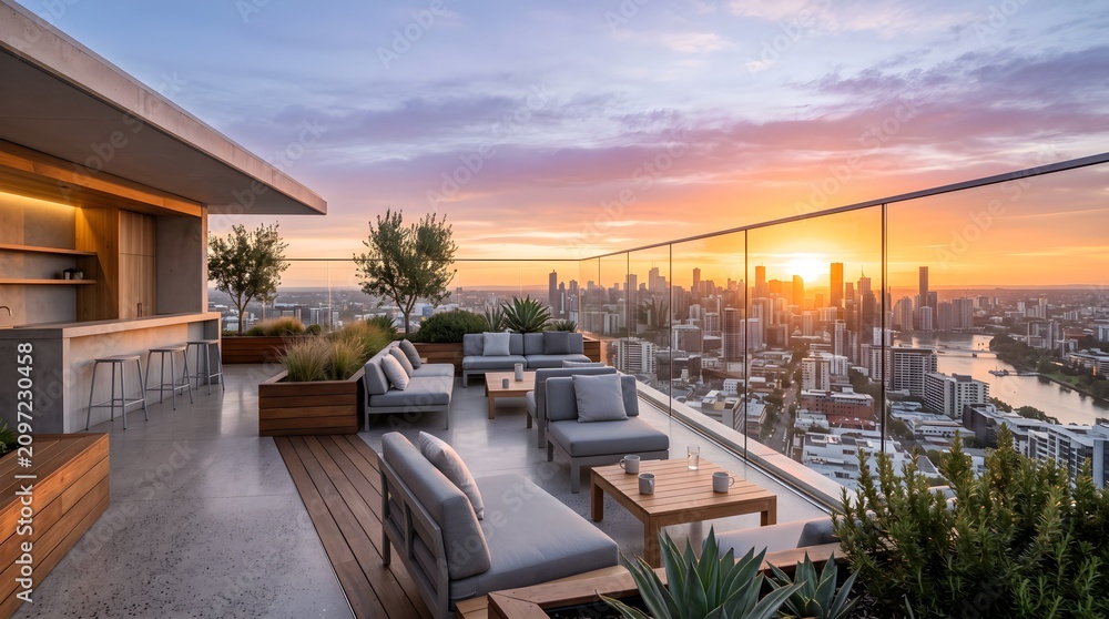 Fototapeta premium Modern rooftop lounge featuring elegant outdoor furniture and breathtaking sunrise skyline views in a contemporary metropolitan setting.