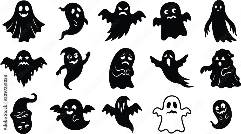 Obraz premium Halloween Ghost Silhouette Character Collection with Cute Scary and Spooky Spirit Vector Set