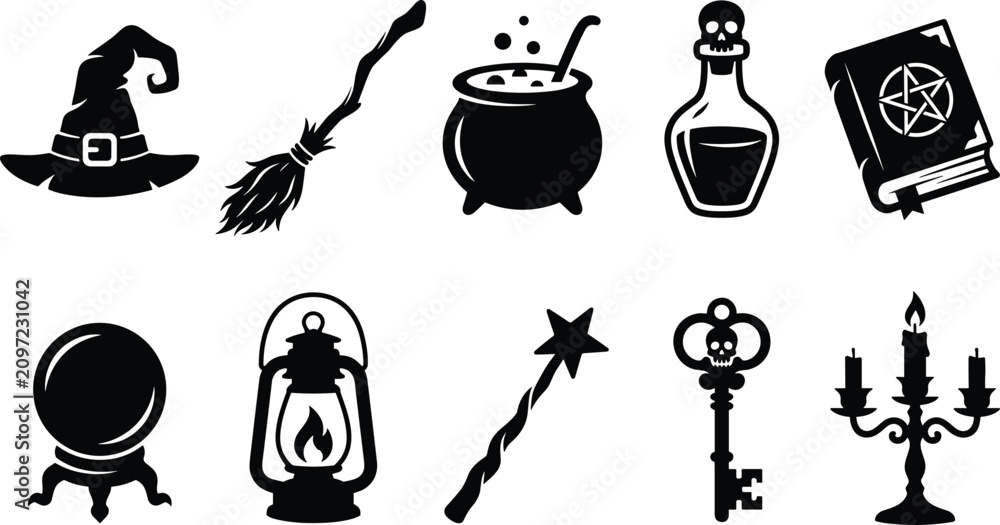 Fototapeta premium Halloween magic and witchcraft black silhouette icon set featuring spellbook, cauldron, and spooky skull details