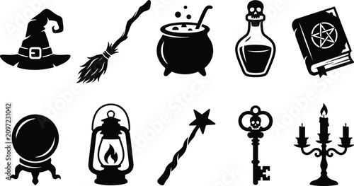 Bild auf Leinwand Halloween magic and witchcraft black silhouette icon set featuring spellbook, ca