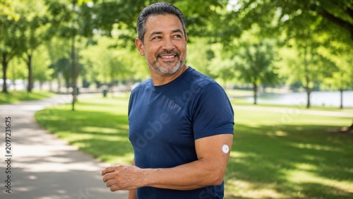 Continuous Glucose Monitor on Upper Arm of Smiling Middle Aged Man Walking in Park on Sunny Day for Active Diabetes Management Lifestyle