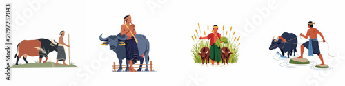 Photos Vector illustration collection of Southeast Asian farmers and water buffaloes engaged in traditional agricultural activities, isolated on a white background