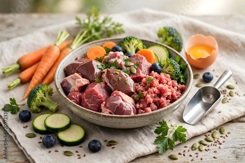 Raw meat and vegetables for pet food preparation