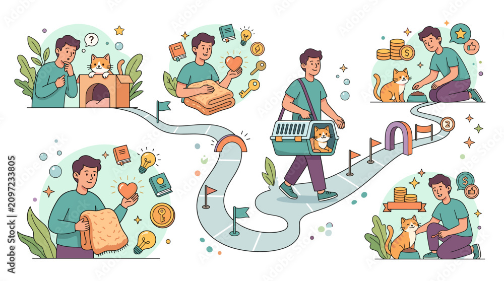 Naklejka premium Man caring for cat journey flat design vector illustration