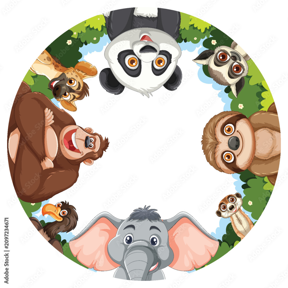 Fototapeta premium Jungle Animals Forming a Circle with Copy Space