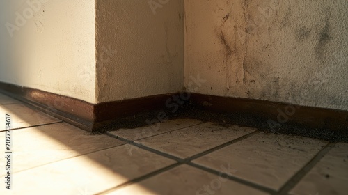 Dirty corner with tiled floor and textured wall, shadow play