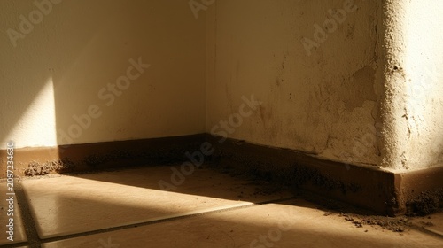 Sunlit corner of a room with dirty walls and floor