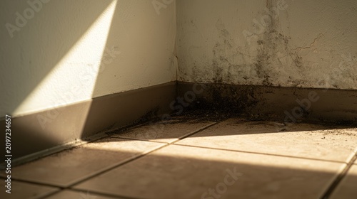 Dusty corner with mold growth on wall and floor, sunlit