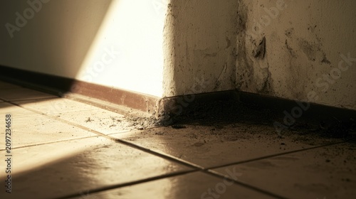 Dusty, neglected corner with cracked walls and tiled floor