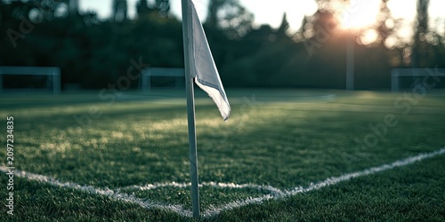A close-up of a soccer field corner flag at sunset with goals in distance
