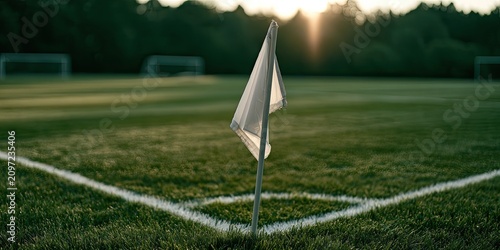 A lone white flag stands at the corner of a grassy field at sunset
